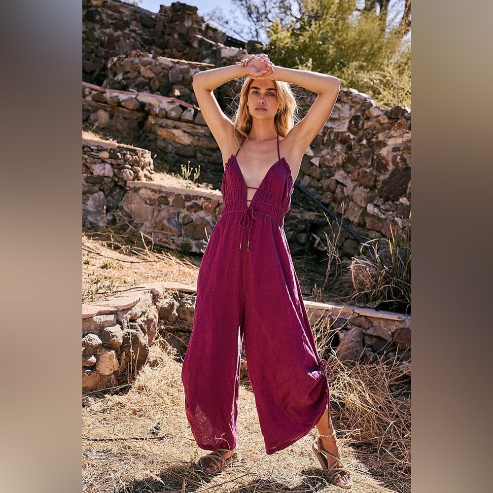 Free People Deep Purple “Whatever you want” boho tassle wide leg jumpsuit in S - Picture 1 of 10